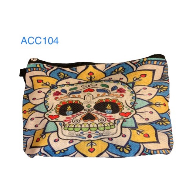 Imported Handbags - Cute Blue and Yellow Sugar Skull Cosmetic Bag / Pouch